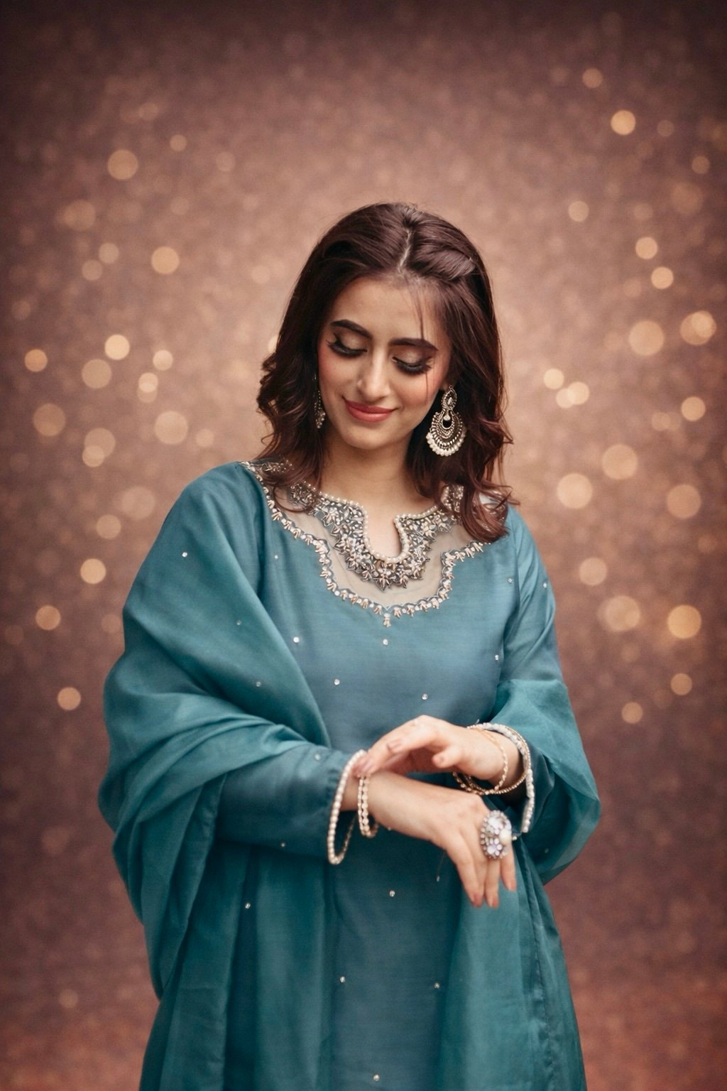 AURORA – Teal Blue Hand-Embroidered Kurta Set 3PC - Image 5