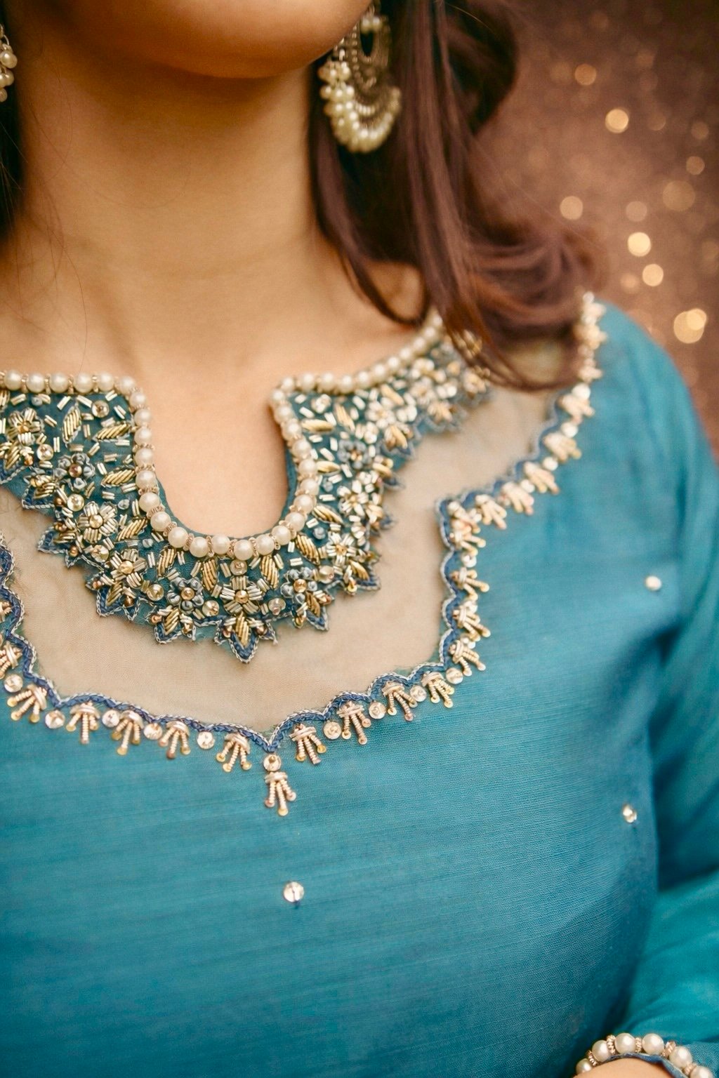 AURORA – Teal Blue Hand-Embroidered Kurta Set 3PC - Image 9