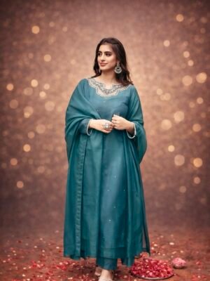 AURORA – Teal Blue Hand-Embroidered Kurta Set 3PC