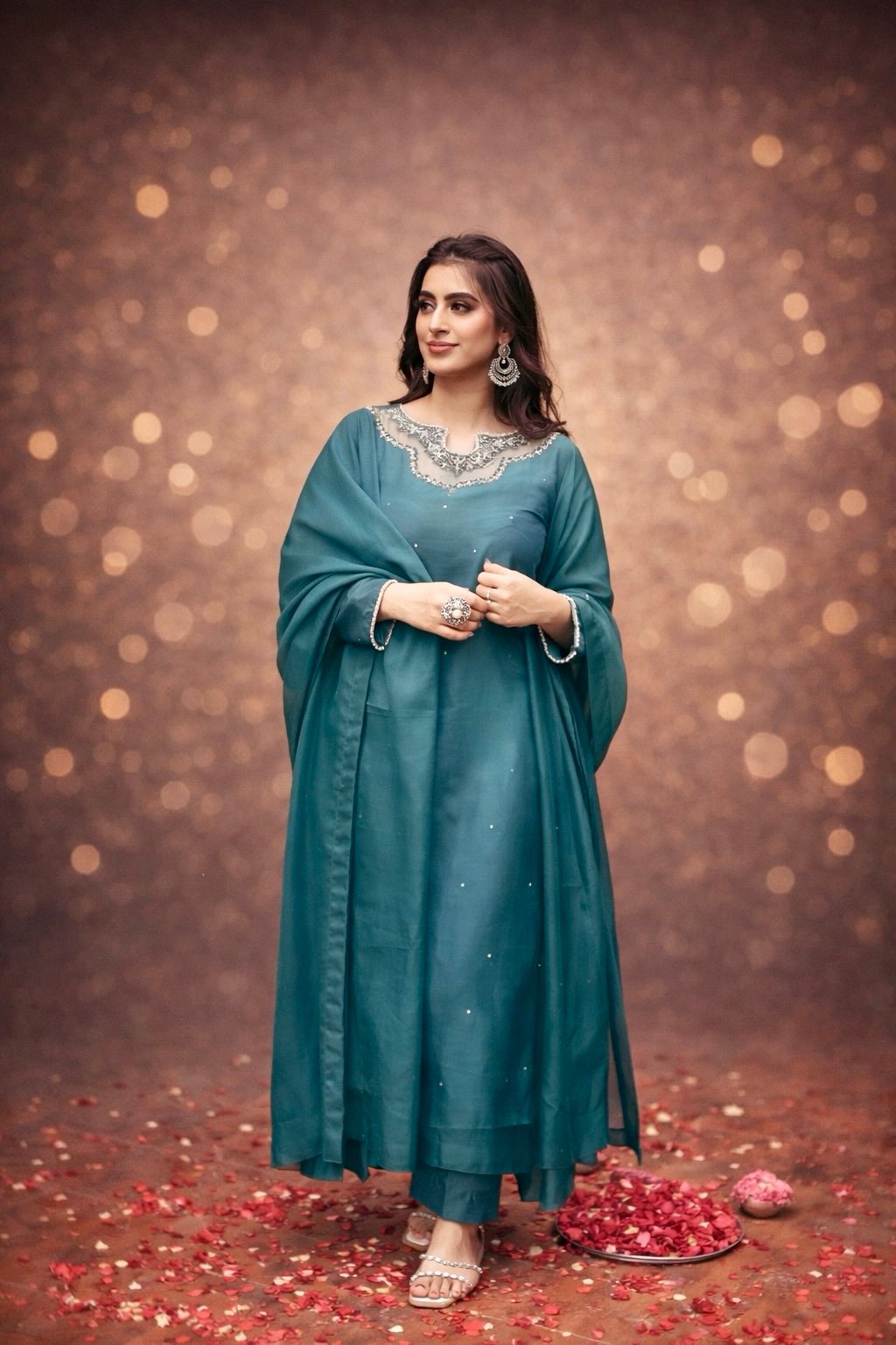 AURORA – Teal Blue Hand-Embroidered Kurta Set 3PC