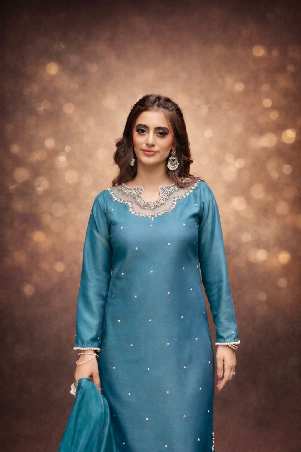 AURORA – Teal Blue Hand-Embroidered Kurta Set 3PC - Image 4