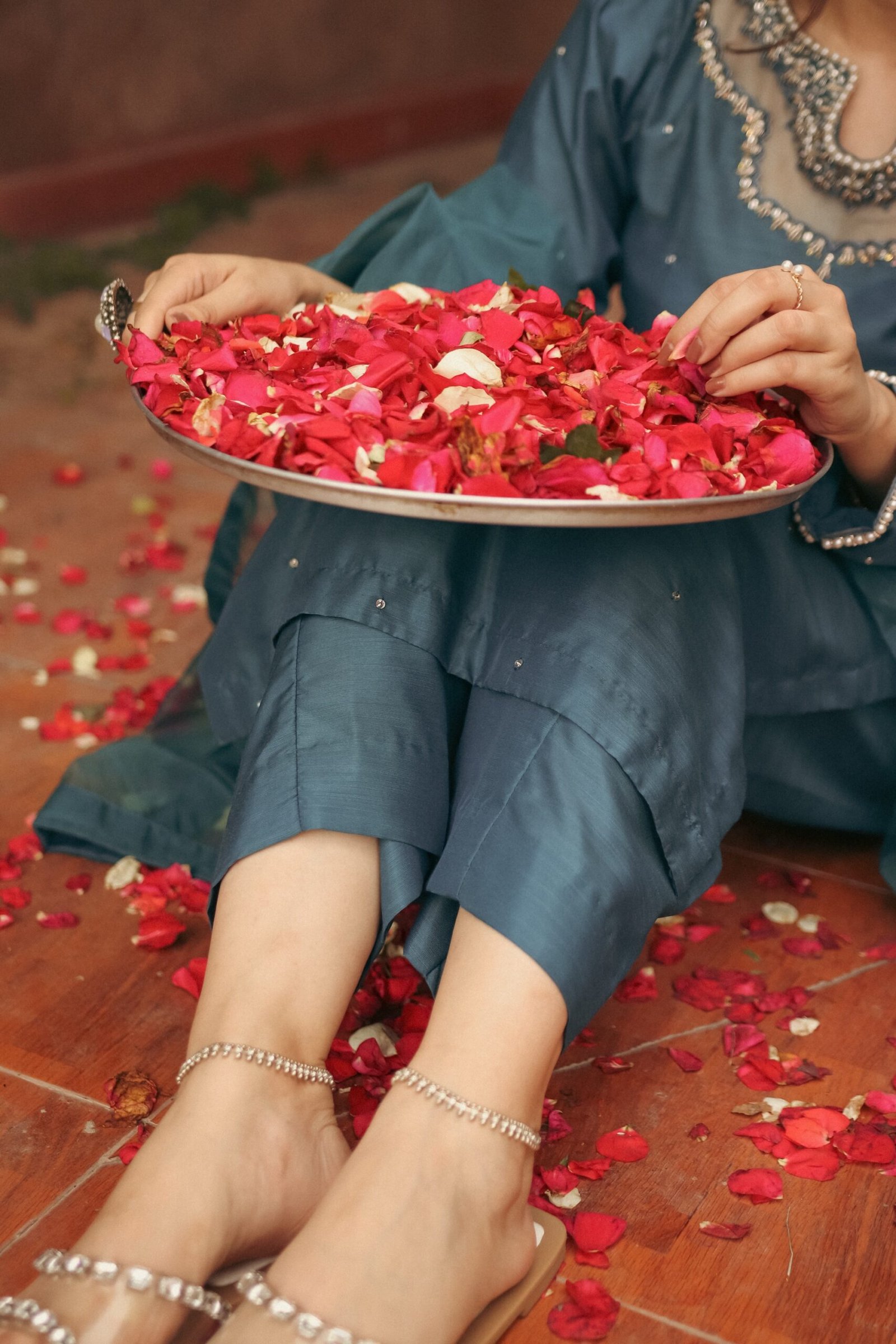 AURORA – Teal Blue Hand-Embroidered Kurta Set 3PC - Image 3