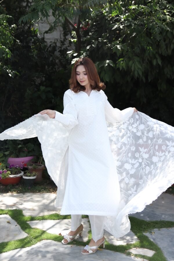 Noor-Haya 3PC Chikan Kari Suit with delicate embroidered Dupatta - Image 4