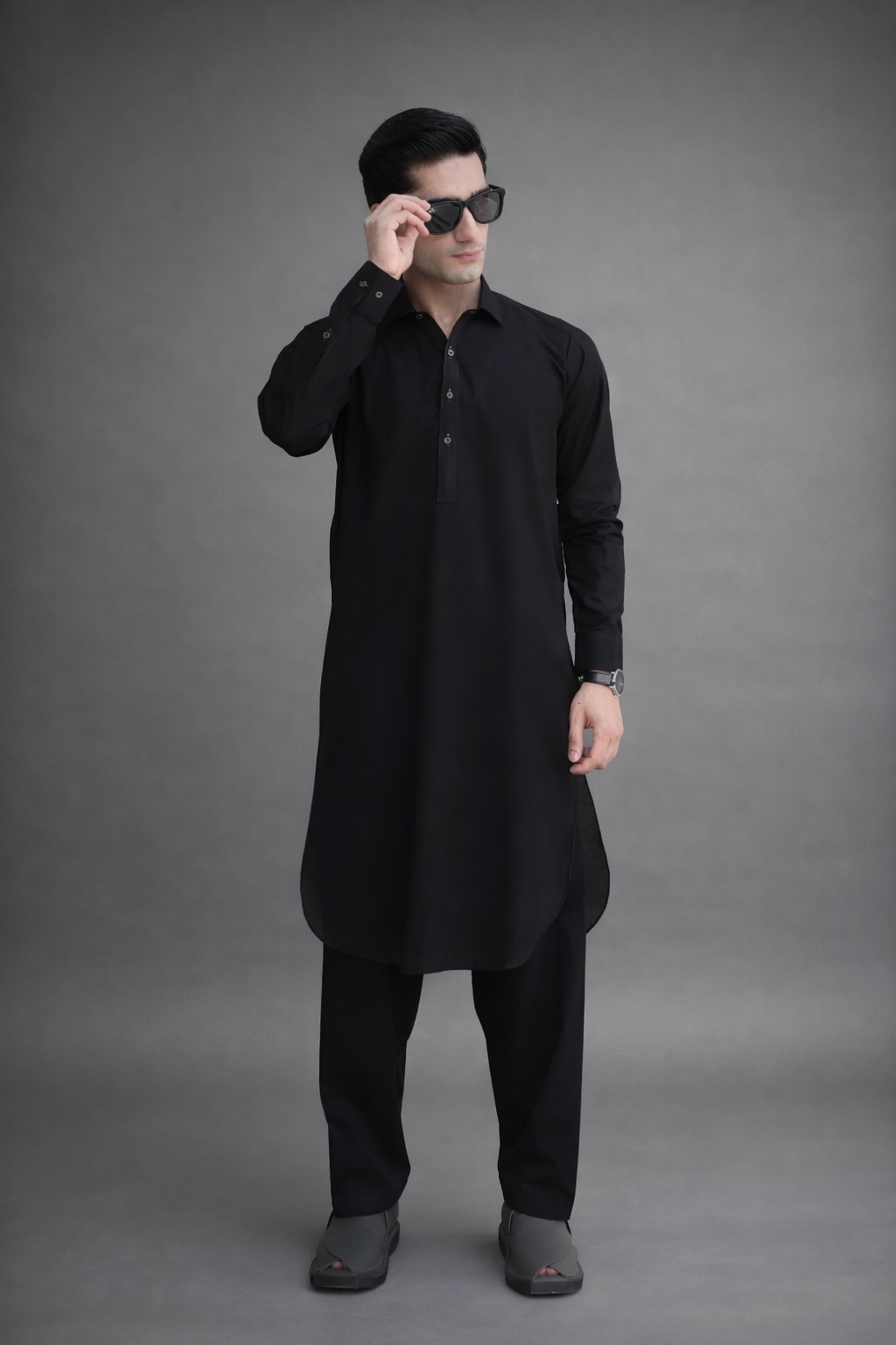 Black PATHAAN Signature Cotton Kameez Shalwar