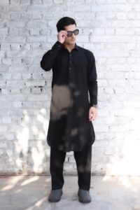 Black PATHAAN Signature Cotton Kameez Shalwar