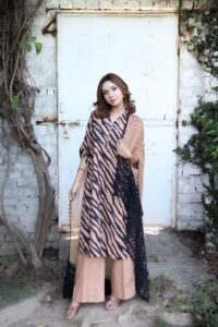 Zehra dusk Elegant Lawn 3PC | Light Brown Base with Indigo Zebra Straps & Mash Embroidered Dupatta