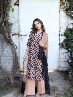 Zehra dusk Elegant Lawn 3PC | Light Brown Base with Indigo Zebra Straps & Mash Embroidered Dupatta