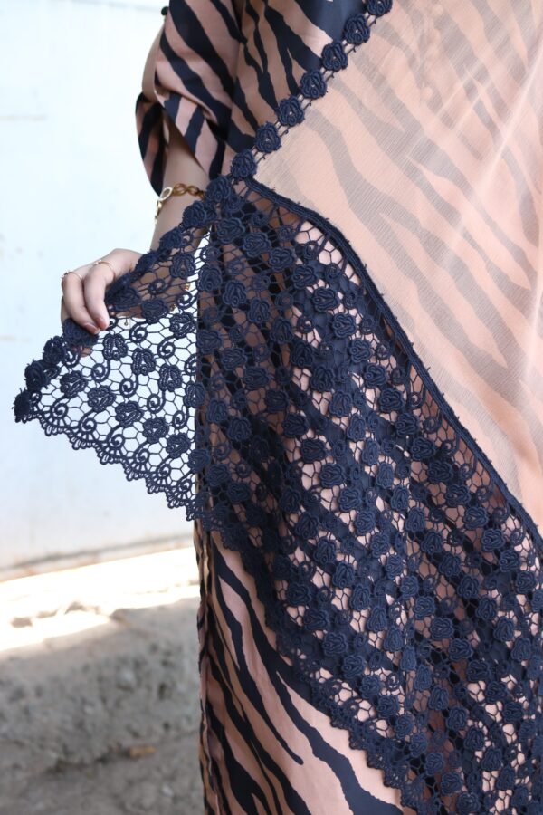 Zehra dusk Elegant Lawn 3PC | Light Brown Base with Indigo Zebra Straps & Mash Embroidered Dupatta - Image 2