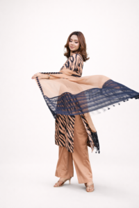 Zehra dusk Elegant Lawn 3PC | Light Brown Base with Indigo Zebra Straps & Mash Embroidered Dupatta