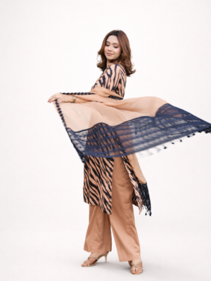 Zehra dusk Elegant Lawn 3PC | Light Brown Base with Indigo Zebra Straps & Mash Embroidered Dupatta