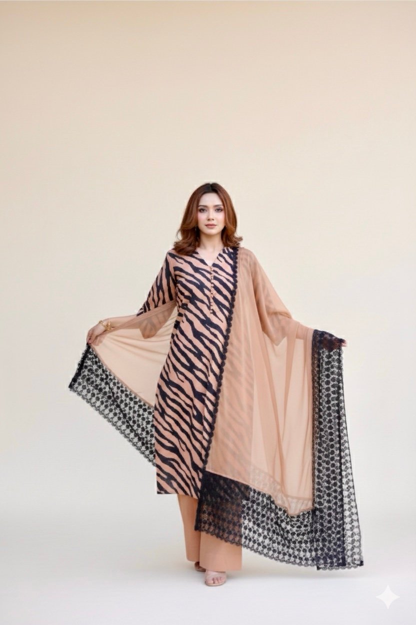 Zehra dusk Elegant Lawn 3PC | Light Brown Base with Indigo Zebra Straps & Mash Embroidered Dupatta - Image 3